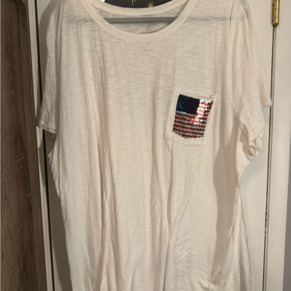 Lane Bryant White Tee with Sequin Flag Pocket that flips to USA
